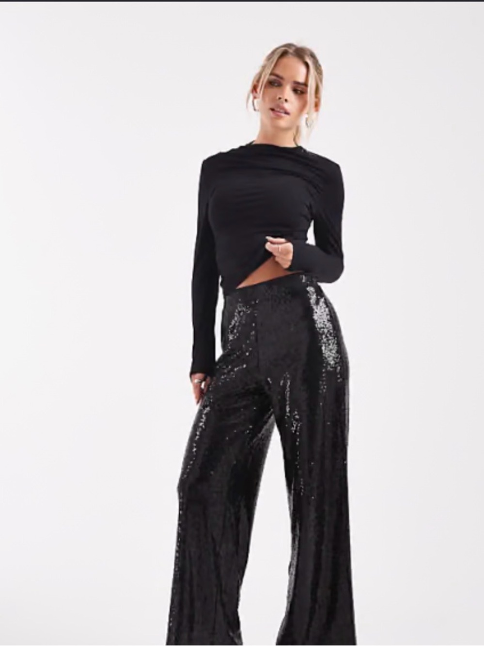 Black Sequin Wide-Leg Evening Pants